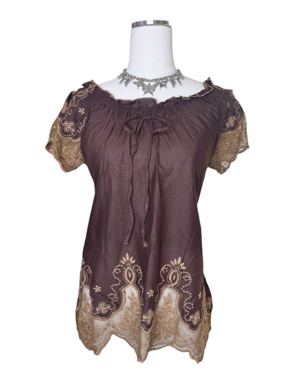 Y2K Chenault Boho Embroidered Brown Peasant Top Size Medium